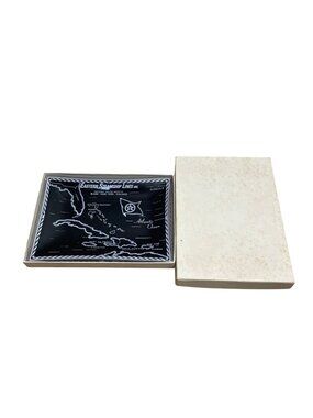 Vtg Eastern Steamship Lines Inc Black Glass Trinket Dish Ashtray Map Design Box